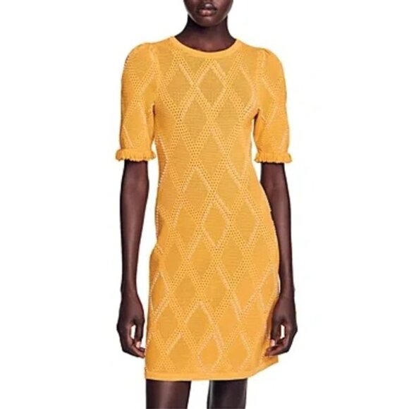 Sandro Gipsy Ochre Orange Pearl Embellished Pointelle Knit Mini Dress Women's 6 - Picture 2 of 9